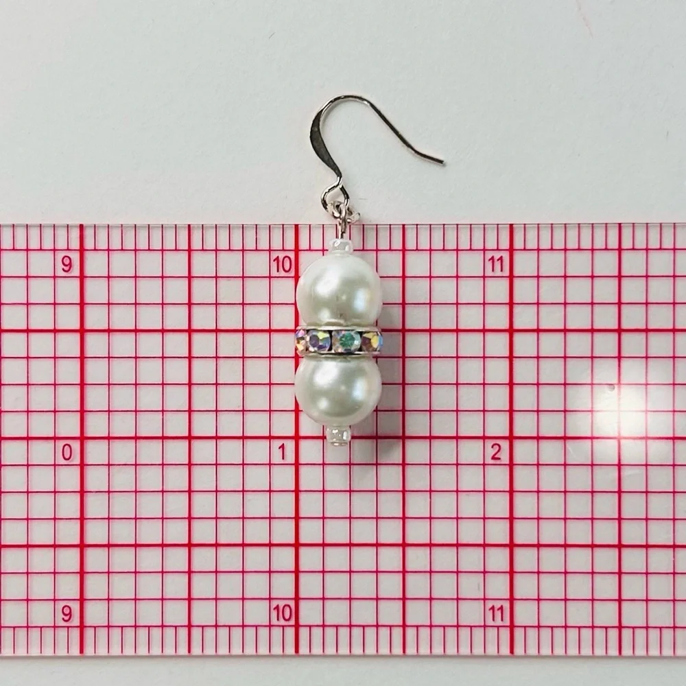 HAND CRAFTED Pearl EARRINGS White Silver Czech Crystal Rondelle Drop NWT - Picture 7 of 10